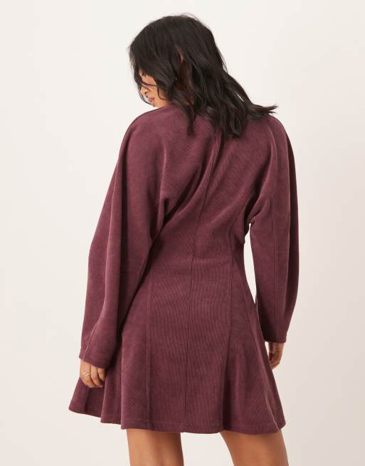 ASOS DESIGN Petite cocoon sleeve cord mini dress in wine, 4 of 4