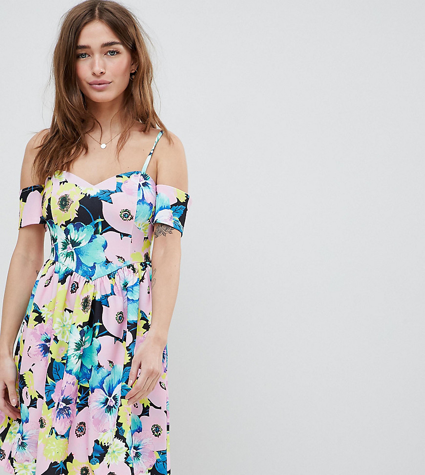 ASOS DESIGN Petite cold shoulder floral print prom dress-Multi