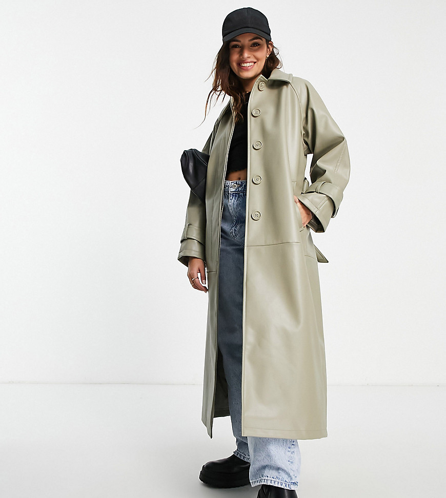 ASOS DESIGN Petite collared faux leather trench coat in light sage-Neutral