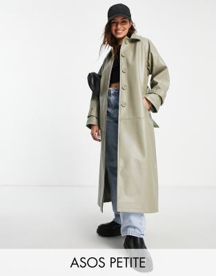 ASOS DESIGN Petite collared faux leather trench coat in light sage