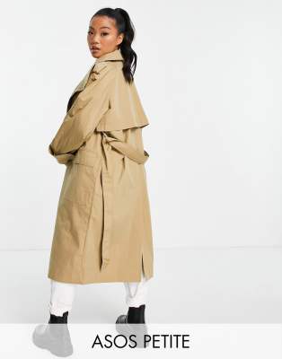 ASOS DESIGN Petite collared luxe trench coat in stone-Brown