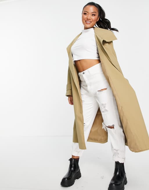 ASOS DESIGN Petite collared luxe trench coat in stone, 4 of 4