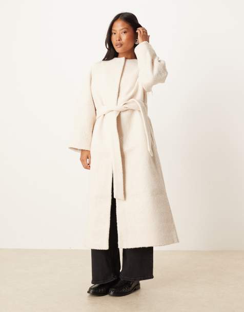 ASOS DESIGN Petite collarless boucle longline formal coat in oatmeal - view 1