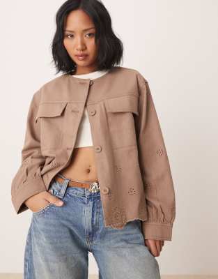Asos Petite Asos Design Petite Collarless Twill Broderie Jacket In Green