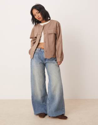 ASOS PETITE ASOS DESIGN PETITE COLLARLESS TWILL BRODERIE JACKET 