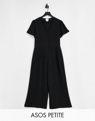 Femme DESIGN Petite - Combinaison jupe-culotte rétro à manches courtes en crêpe texturé - Noir