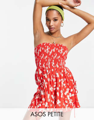 ASOS DESIGN Petite crinkle rayon strapless slouch playsuit in red ditsy daisy - ASOS Price Checker