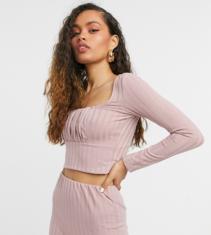 ASOS DESIGN Petite coordinating long sleeve thick rib top with ruched bust detail in blush-Pink