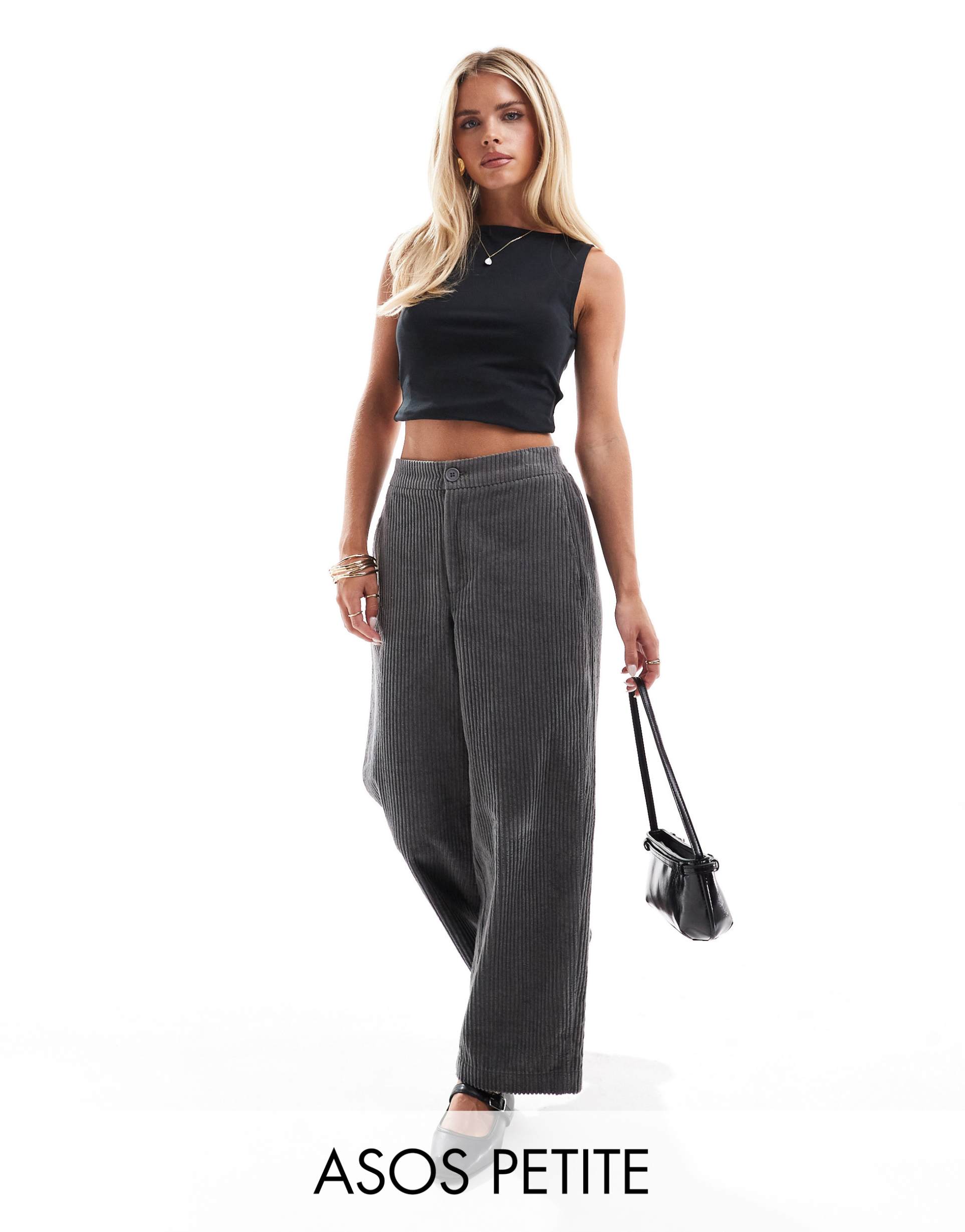 asos design petite cord barrel pants in charcoal