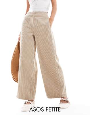 ASOS Petite ASOS DESIGN Petite cord barrel trousers in stone-Neutral
