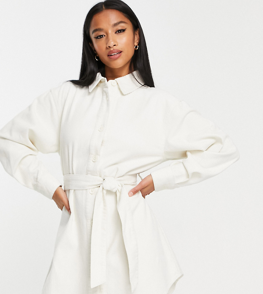 ASOS DESIGN Petite cord belted shirt dress in buttermilk-White