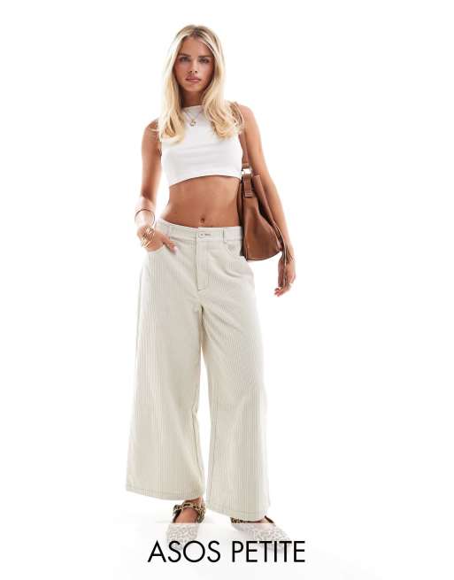 ASOS DESIGN Petite cord cropped wide leg pants with contrast stitch in stone