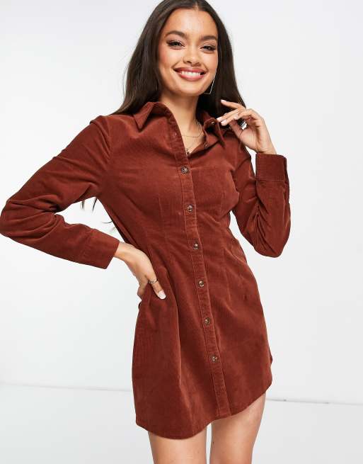 ASOS DESIGN Petite cord fitted shirt dress in rust