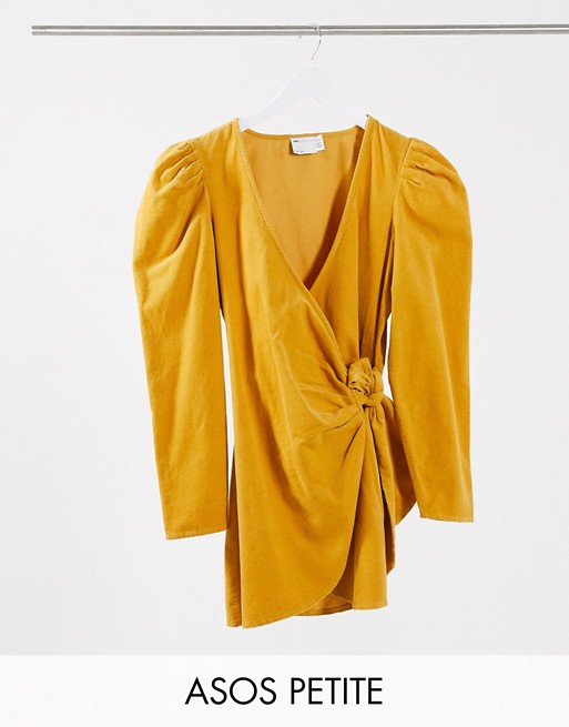 ASOS DESIGN Petite cord mini wrap dress with long sleeves in ochre