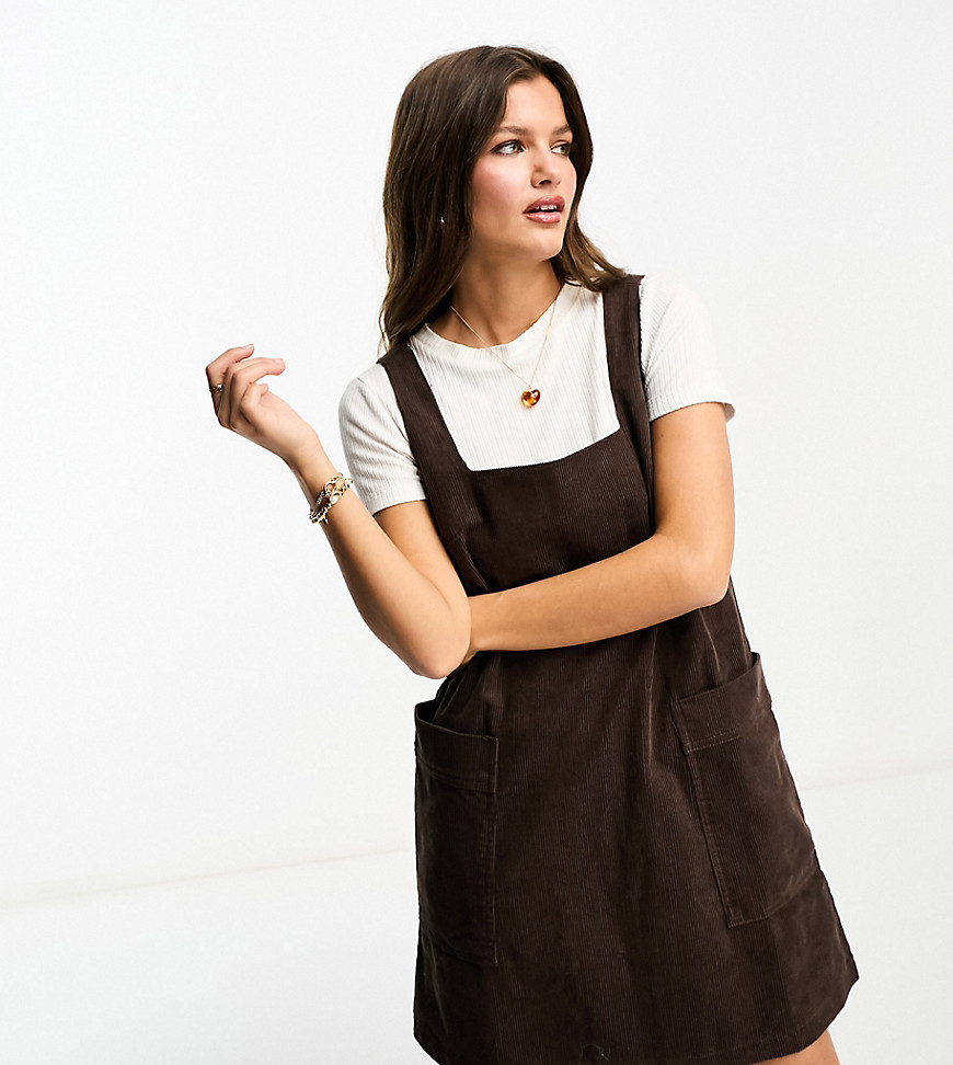 ASOS DESIGN Petite cord pinny dress in chocolate-Brown