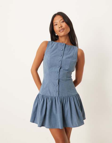 ASOS DESIGN petite cord slash neck button down dropped waist mini dress in sea blue - view 1