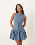 [ASOS Petite] ASOS DESIGN Petite cord slash neck button down dropped waist mini dress in sea blue 12 Sea Blue