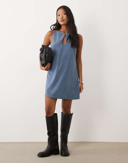 ASOS DESIGN Petite cord slash neck keyhole mini dress in sea blue, 3 of 4