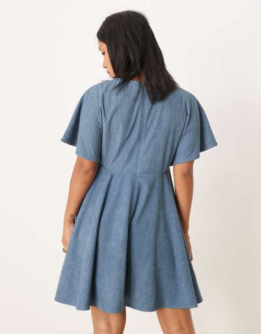 ASOS DESIGN Petite cord t-shirt mini dress with stitching detail in slate blue, 2 of 4