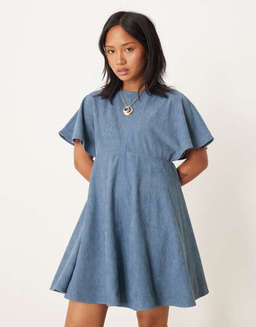 ASOS DESIGN Petite cord t-shirt mini dress with stitching detail in slate blue, 4 of 4