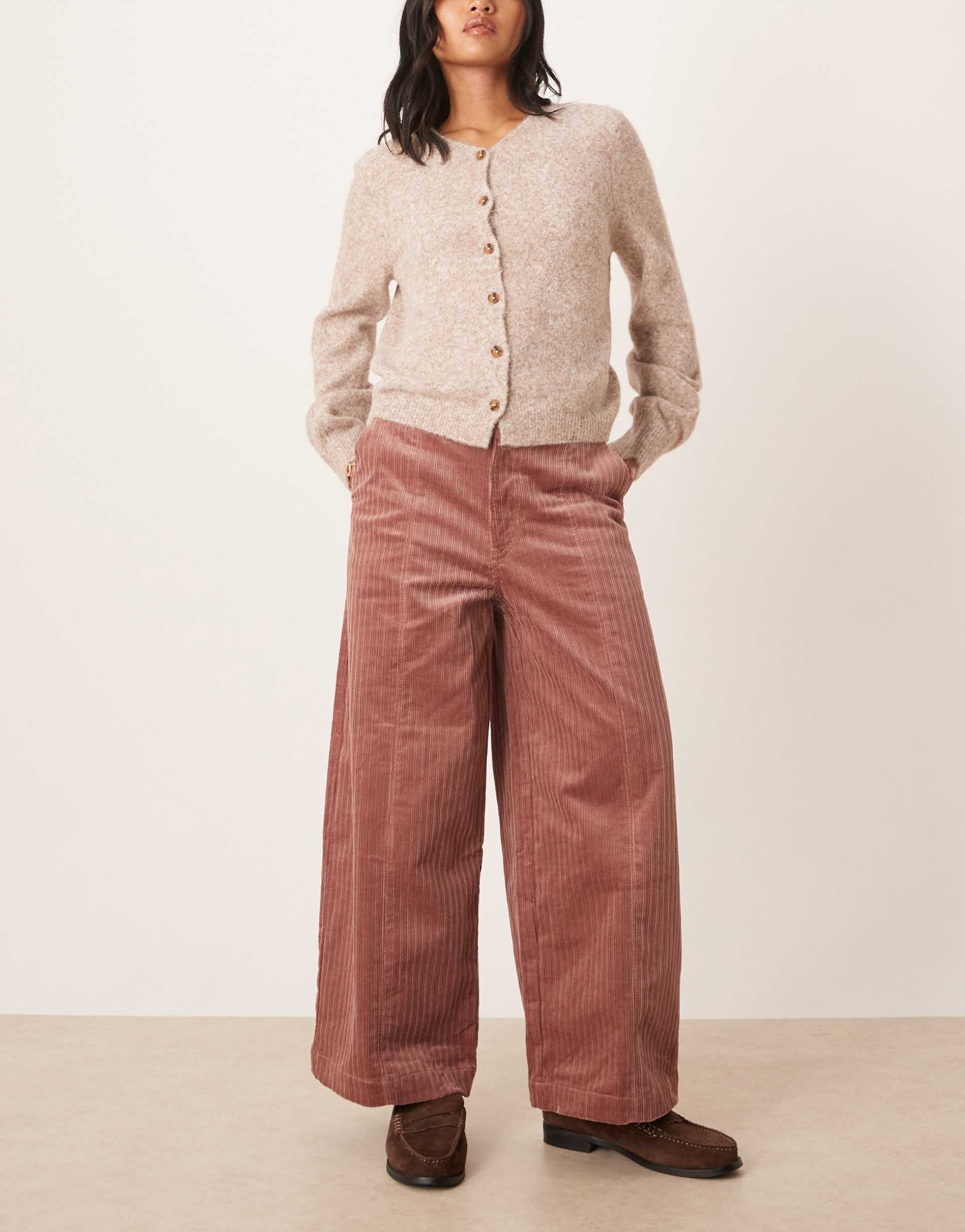 asos design petite cord wide leg ankle grazer pants in rose