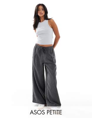 ASOS DESIGN Petite cord wide leg pull on pants in gray