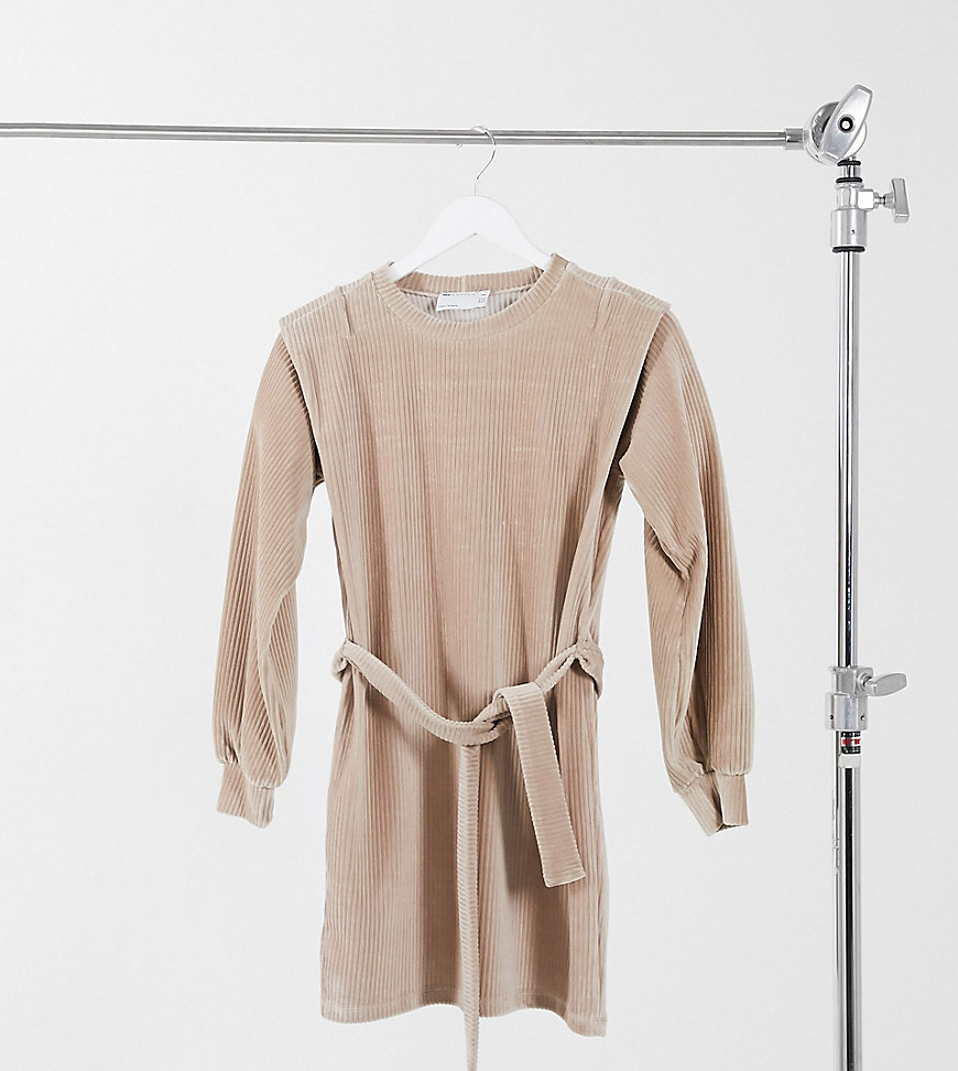 ASOS DESIGN Petite corduroy mini dress with shoulder detail in camel-Brown