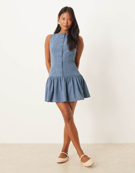 ASOS DESIGN Petite corduroy slash neck button down dropped waist mini dress in sea blue