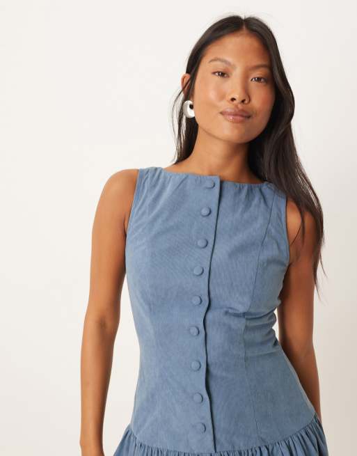 ASOS DESIGN Petite corduroy slash neck button down dropped waist mini dress in sea blue