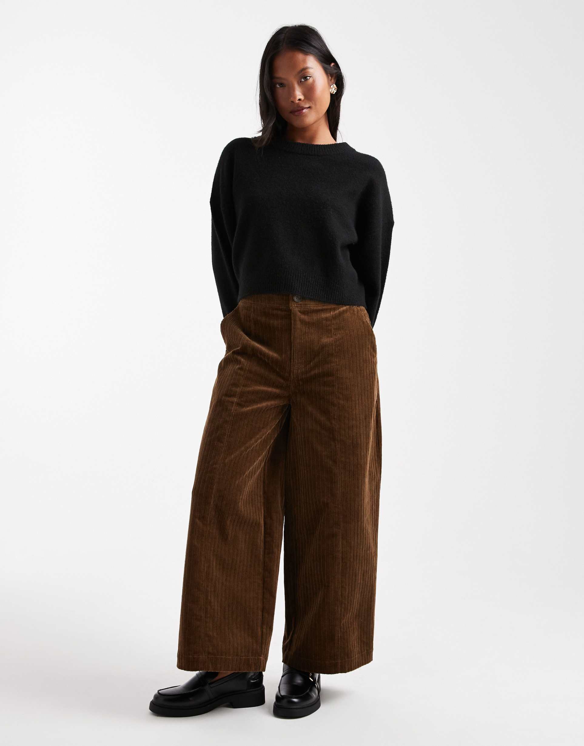 asos design petite corduroy wide leg ankle grazer pants in biscuit