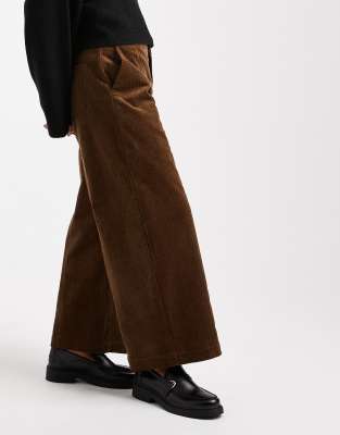 Asos Design Petite Corduroy Wide Leg Cropped Pants In Brown
