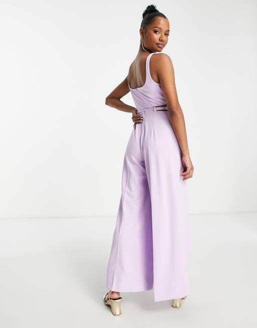 ASOS DESIGN Petite corset cut out jumpsuit with belt in lilac