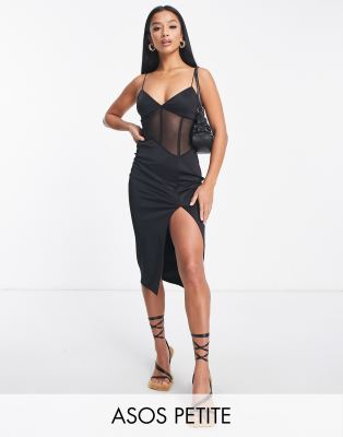 ASOS Petite ASOS DESIGN Petite corset mesh midi dress in black