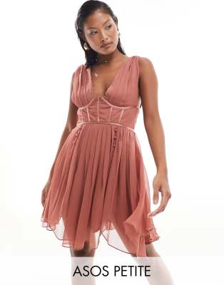 ASOS DESIGN Petite corset plunge pleated mini dress with button detail in dusky rose-Brown