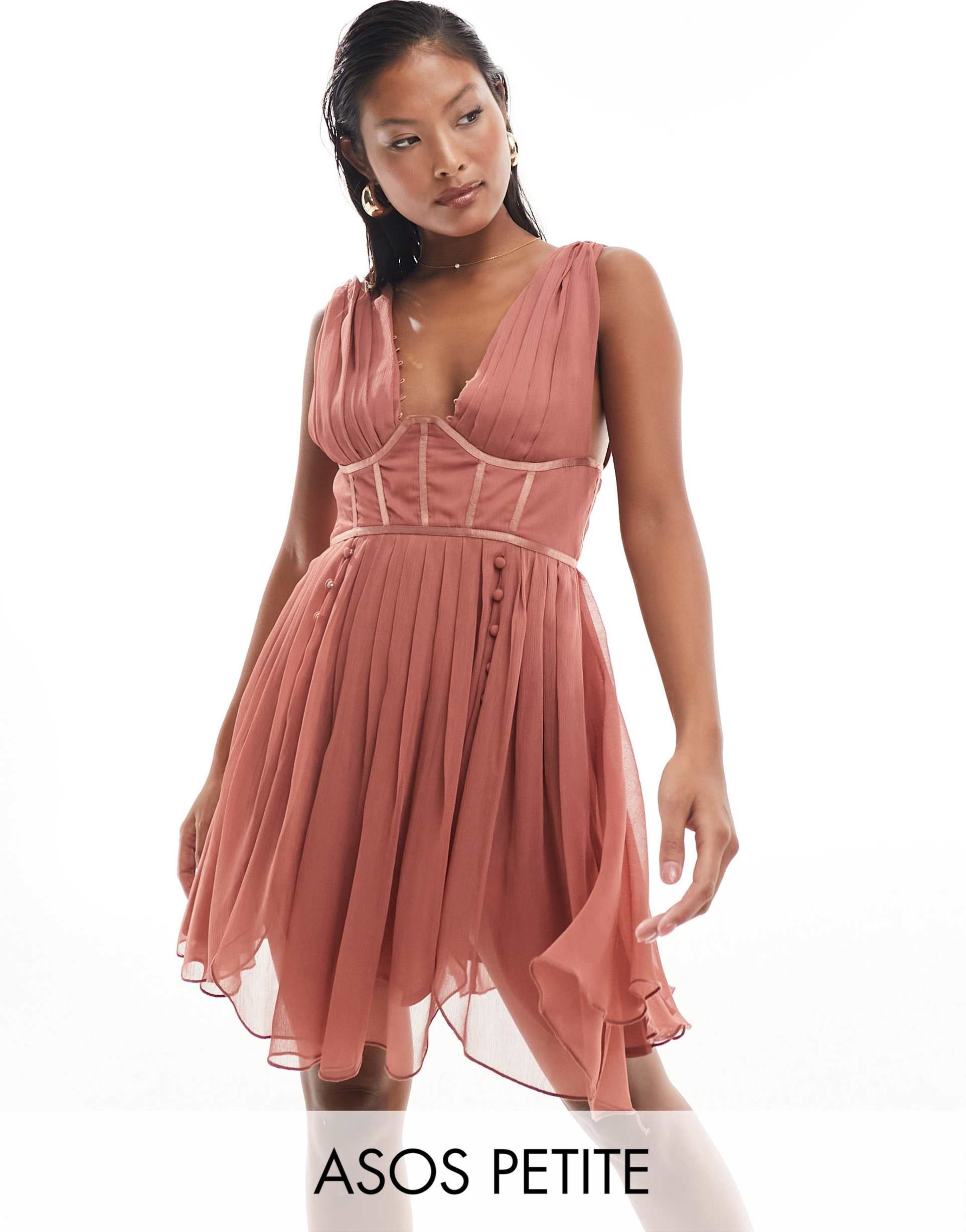 asos design petite corset plunge pleated mini dress with button detail in dusky rose