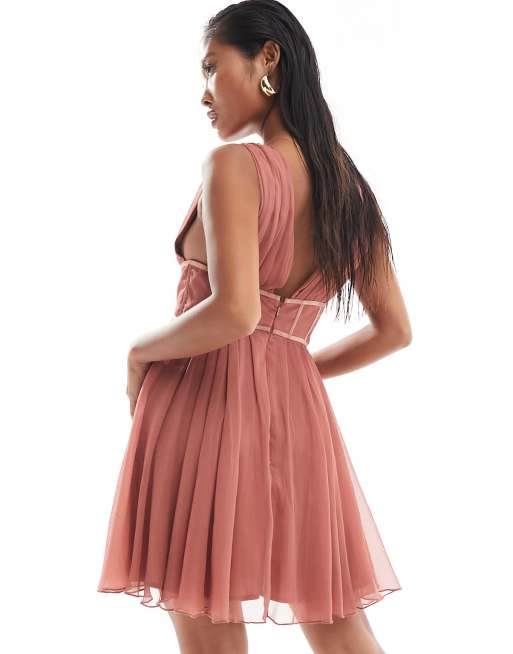ASOS DESIGN petite corset plunge pleated mini dress with button detail in dusky rose ASOS