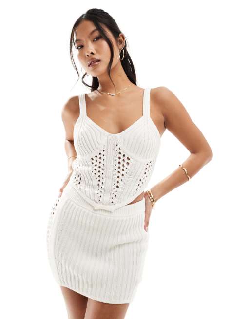 ASOS DESIGN Petite - Corsetto bianco in maglia all'uncinetto in coordinato