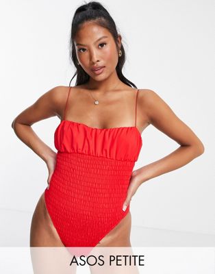 ASOS DESIGN Petite shirred body swimsuit in red - ASOS Price Checker