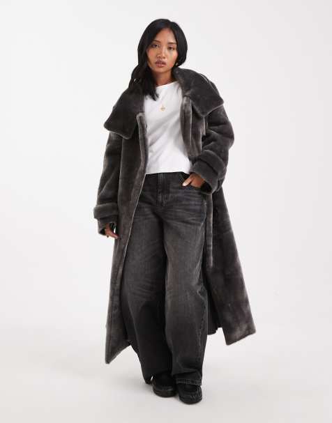ASOS DESIGN Petite cosy borg funnel neck longline coat in charcoal - view 1