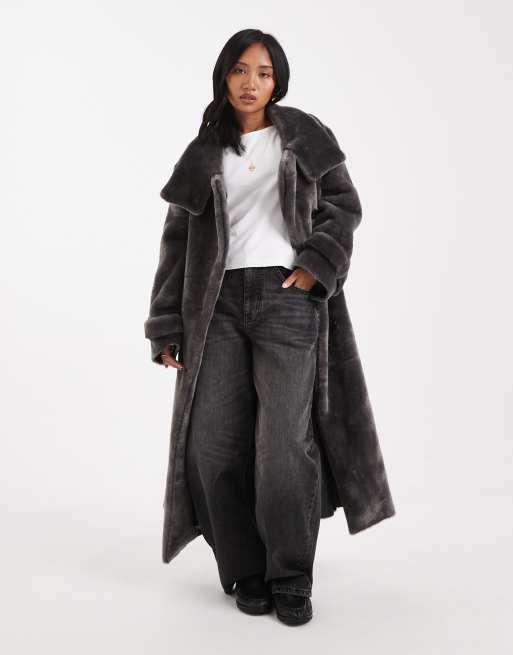 ASOS DESIGN Petite cosy borg funnel neck longline coat in charcoal