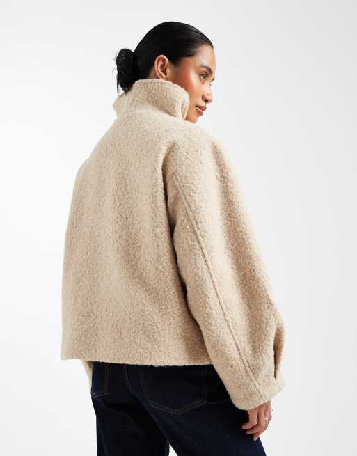 ASOS DESIGN Petite cosy funnel neck oversized clean jacket in oatmeal, 2 of 4