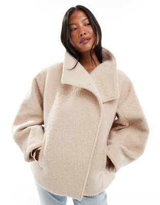 ASOS Petite ASOS DESIGN Petite cosy funnel neck oversized jacket in oatmeal-Grey