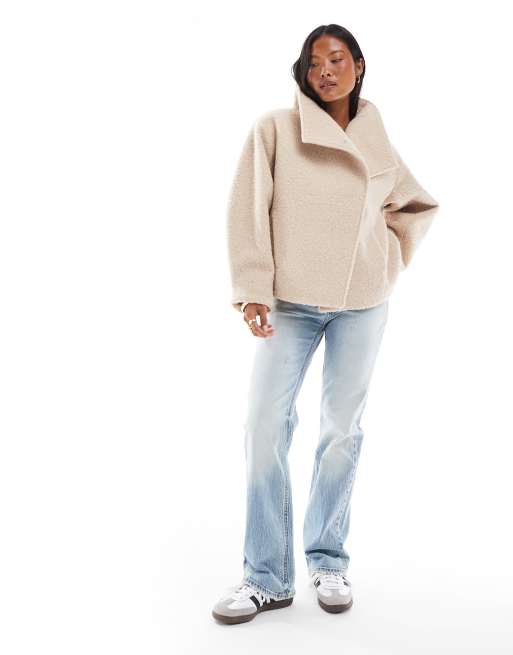 ASOS DESIGN Petite cosy funnel neck oversized jacket in oatmeal, 3 of 4
