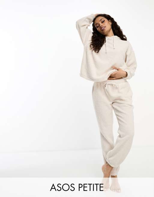 ASOS DESIGN Petite cosy lounge borg hoodie jogger set in cream