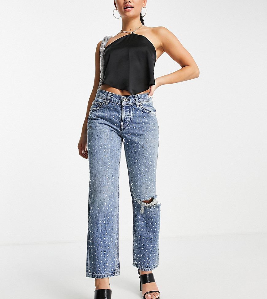 ASOS DESIGN Petite cotton blend low rise straight leg jean in all over diamante hotfix with ripped k