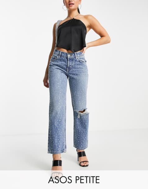 ASOS DESIGN Petite cotton blend low rise straight leg jeans in all over diamante hotfix with ripped knee - MBLUE - view 1