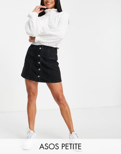 ASOS DESIGN Petite cotton denim button through skirt in washed black - BLACK - view 1