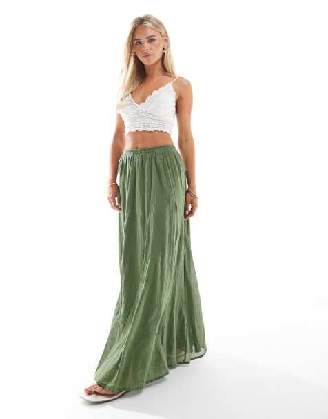 ASOS DESIGN Petite cotton godet maxi skirt in khaki - view 1