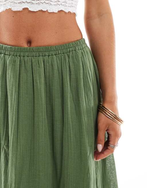 ASOS DESIGN Petite cotton godet maxi skirt in khaki, 4 of 5