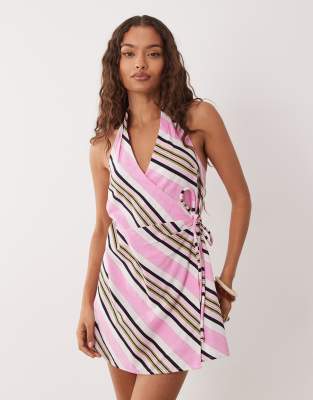 ASOS DESIGN Petite cotton halter neck mini wrap dress in pink stripes